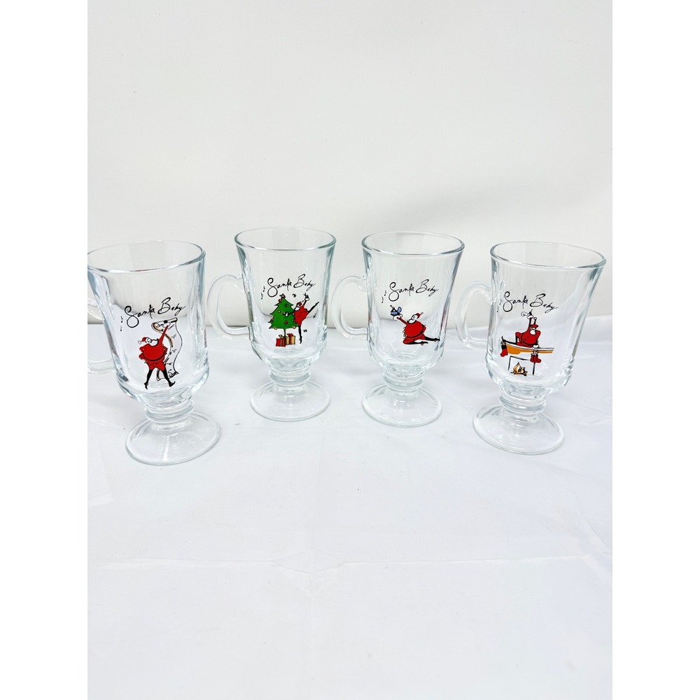POTTERY BARN "SANTA‎ BABY" Irish Coffee Mug Christmas Holiday Santa set of 4 Vtg